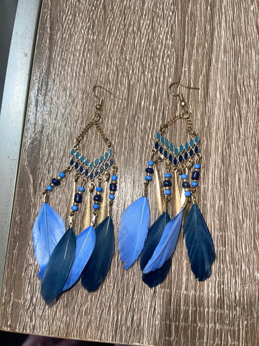 Blue Feather Drop Earrings - Gold Accent Women’s Jewelry